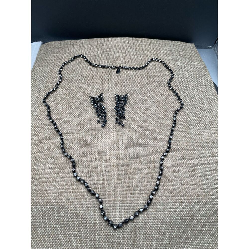 Bundle Set Ann Taylor Rhinestone Black Necklace with Bow Matching Earrings Vinta